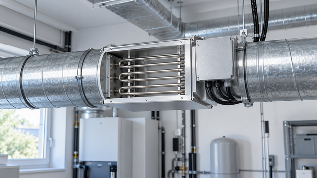 Elektrisches Heizregister eingebaut in einen runden Lüftungskanal, Technikraum, Ratgeber heizregister lüftung