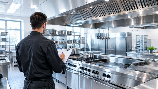 Blitzsaubere Edelstahl-Großküche, Person mit Klemmbrett von hinten bei der Kontrolle, Ratgeber haccp küche lüftung