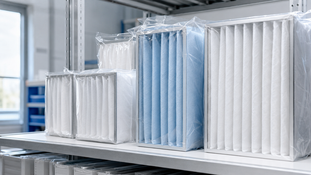Ordentlich verpackte Luftfilter in einem trockenen hellen Lagerregal, Ratgeber luftfilter lagern