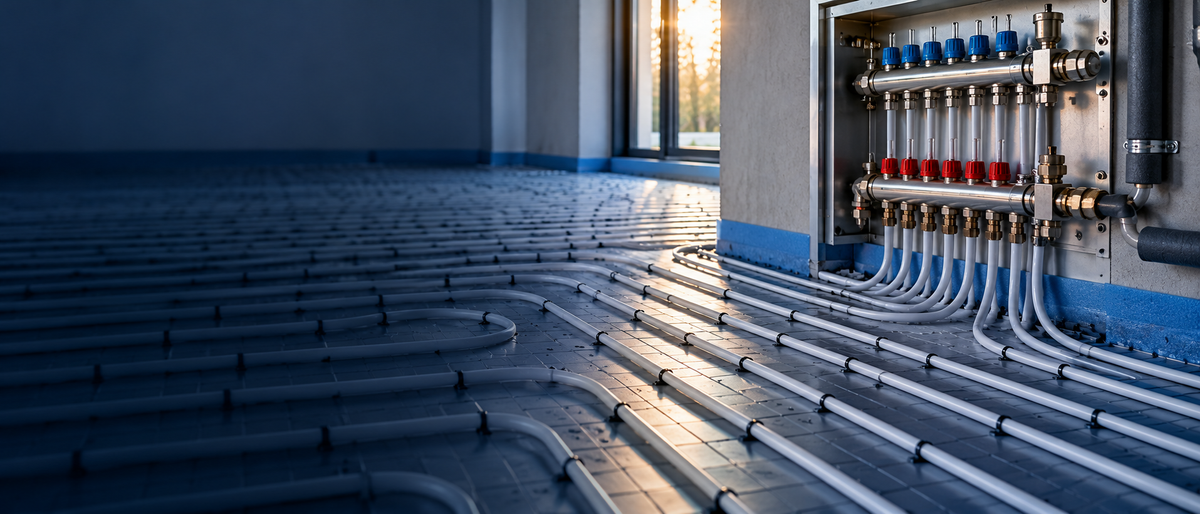 Fußbodenheizung mit Heizkreisverteiler und Pressfittings im Neubau