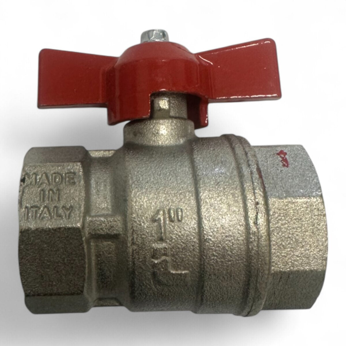 Westech Kugelhahn aus vernickeltem Messing, 1" IG x 1" IG, roter Flügelgriff, Produktansicht