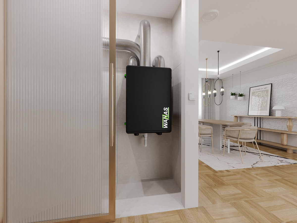 WANAS BLACK 200 V und 300 V Lüftungsgerät mit Wärmerückgewinnung, vertikale Anschlüsse, Ansicht 2