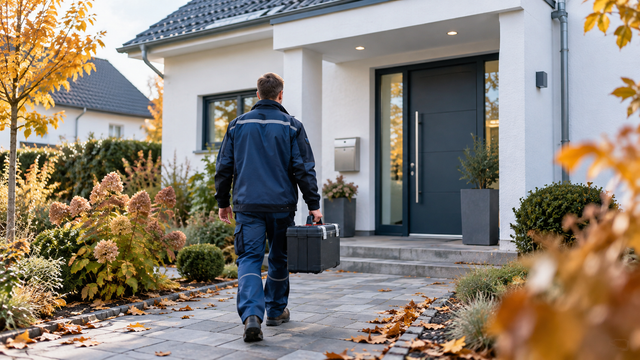 Einfamilienhaus mit Herbstlaub, Techniker mit Werkzeugkoffer geht zur Haustür, von hinten, Ratgeber haustechnik herbst checkliste
