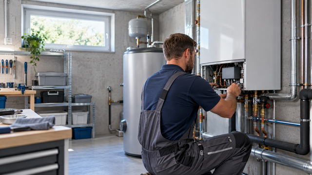 Techniker arbeitet entspannt an einer Heiztherme, Sommerlicht fällt durchs Kellerfenster, Ratgeber heizungswartung sommer