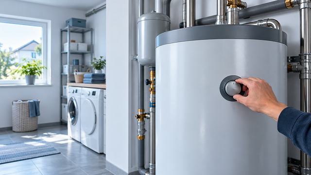 Moderner Warmwasserspeicher im Hauswirtschaftsraum, Hand am Temperaturregler (ohne lesbare Zahlen), Ratgeber legionellenschaltung warmwasser