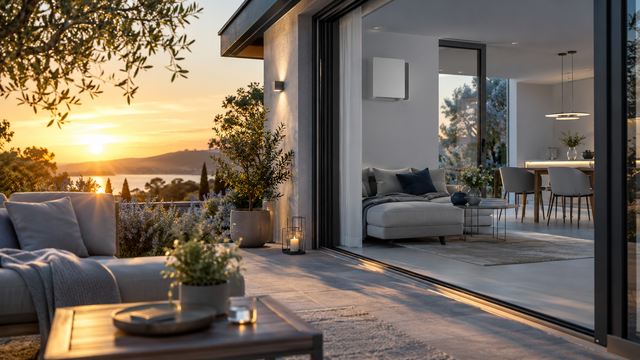 Modernes Haus am Sommerabend mit offener Terrassentür, innen dezent ein Lüftungsgerät, Ratgeber lüftungsanlage sommer bypass