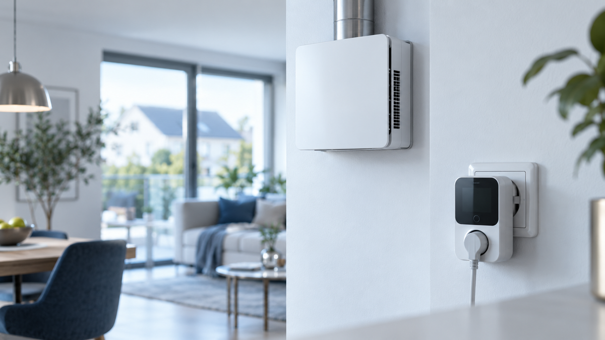 Kompaktes Lüftungsgerät an der Wand, davor ein smartes Energiemessgerät in der Steckdose, Ratgeber lüftungsanlage stromverbrauch