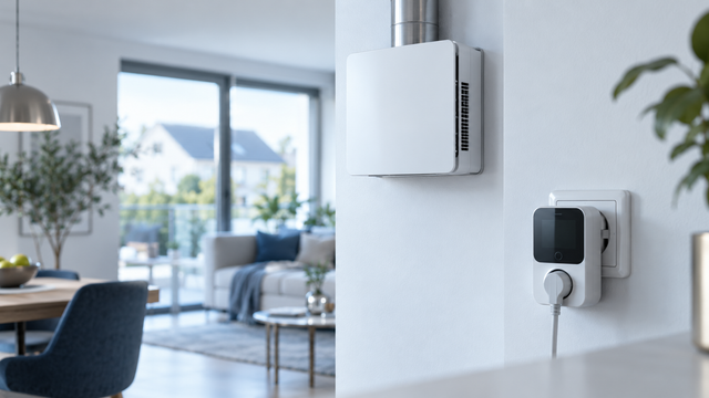 Kompaktes Lüftungsgerät an der Wand, davor ein smartes Energiemessgerät in der Steckdose, Ratgeber lüftungsanlage stromverbrauch