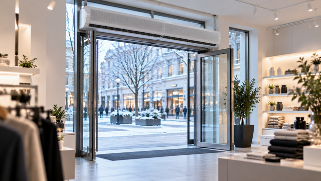 Modernes Ladenlokal mit offener Glas-Eingangstür an einem kalten Wintertag, über der Tür ein weißer Luftschleier, im Hintergrund helle Regale, Blick von innen, Ratgeber luftschleier energie sparen laden