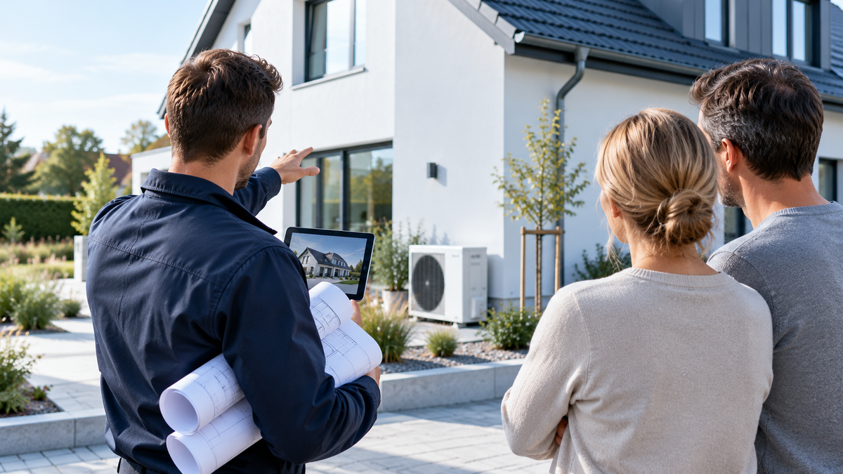 Energieberater mit Plänen und Tablet vor einem Einfamilienhaus, von hinten, Ratgeber sanierungsfahrplan isfp