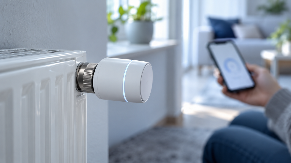 Digitales smartes Heizkörperthermostat, im Hintergrund unscharf eine Hand mit Smartphone, Ratgeber smarte thermostate lohnen sich