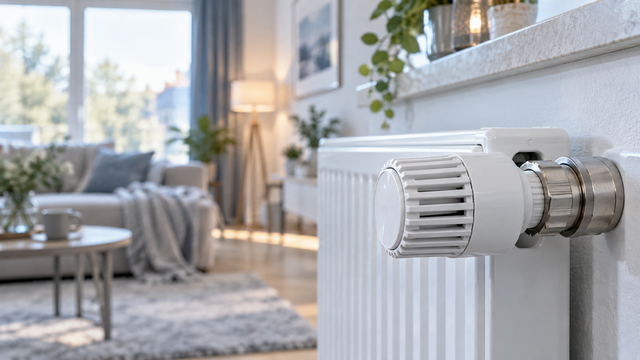 Klassisches Heizkörperthermostat in Nahaufnahme, gemütliches Zimmer unscharf dahinter, Ratgeber thermostat zahlen bedeutung