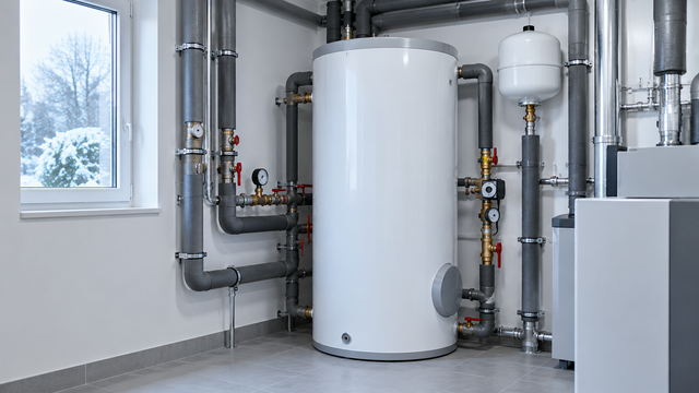 Weißer Warmwasserspeicher in einem hellen, aufgeräumten Technikraum mit gedämmten Rohrleitungen und Absperrventilen, Ratgeber warmwasserspeicher auswählen