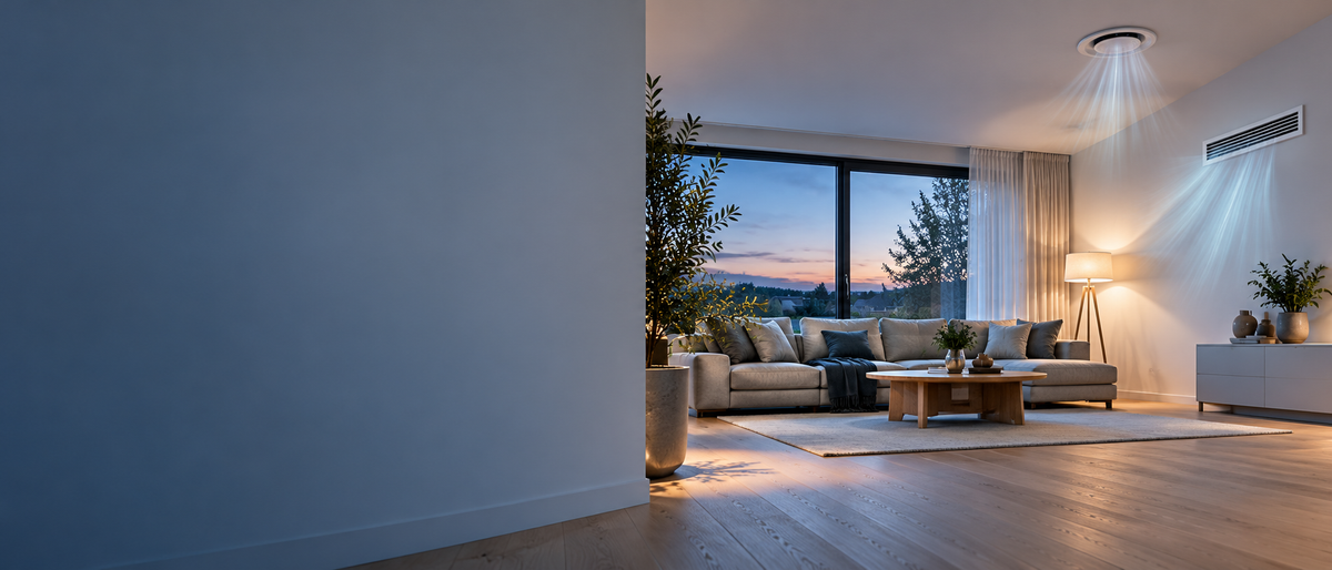 Wohnraumlüftung mit Wärmerückgewinnung: Deckenventil und Wandauslass im Wohnzimmer